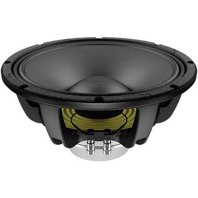 A black speaker with a yellow acoustic transducer inside, set against a white background.