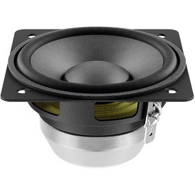A black speaker with a round cone, suitable for audio or hi-fi systems, is supported by a metal mount.