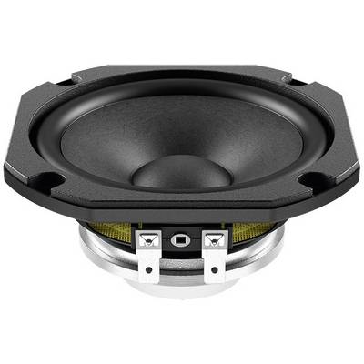 Black speaker with a round cone and square mounting bracket on a white background. Visible connections on the rear.