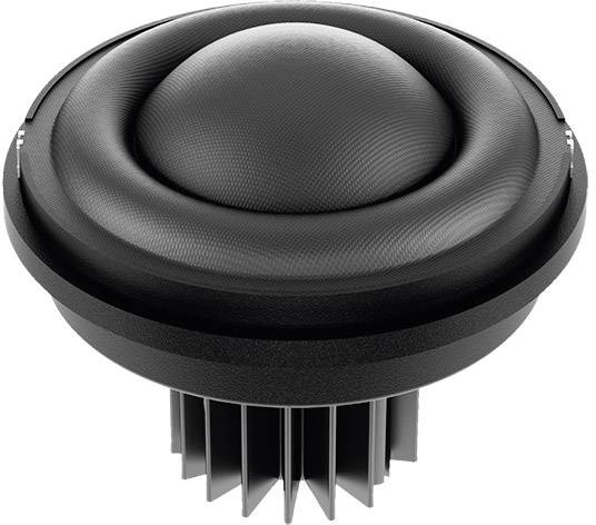 A round speaker in black. The surface is carbon-coloured with a smooth, dome-like structure and lateral grooves.