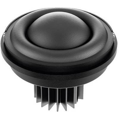 A round speaker in black. The surface is carbon-coloured with a smooth, dome-like structure and lateral grooves.