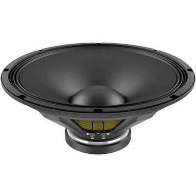 A large, black speaker viewed from an angled perspective. The cone, membrane, and magnet are visible.