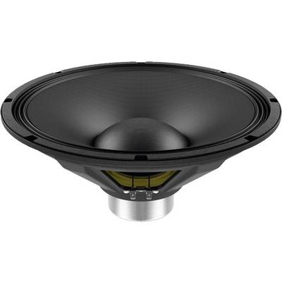 A black loudspeaker with visible cone and membrane, surrounded by a metal frame. Suitable for audio or music systems.
