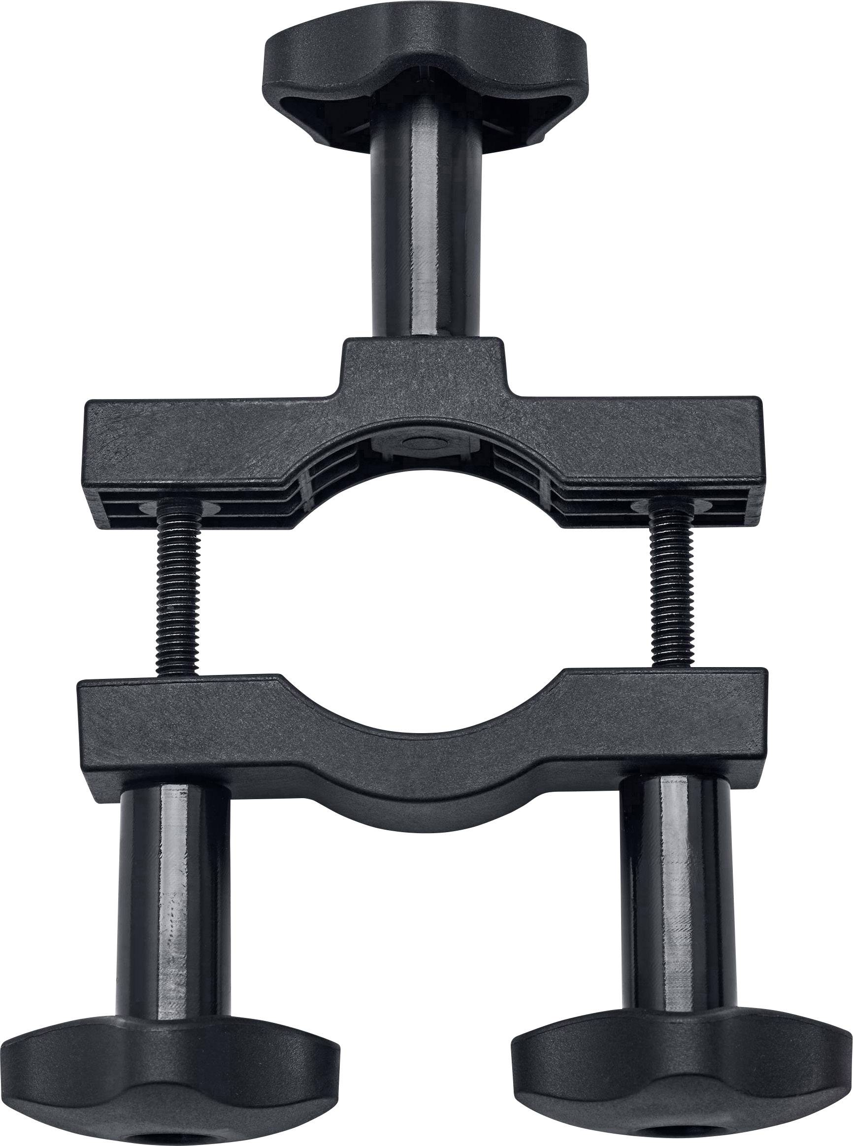 Black, height-adjustable clamp with two round knurled grips, suitable for attachment to pipes or rods.
