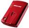 Red portable charger with LED indicators and power switch on the front.