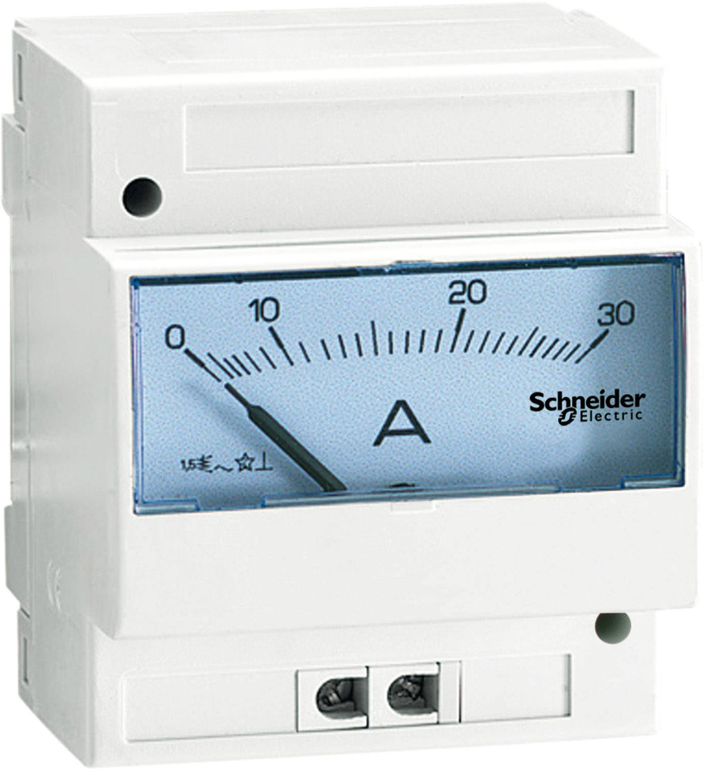 A Schneider Electric ammeter shows a measuring range up to 30 amperes. Instrument in a white housing with a transparent front.
