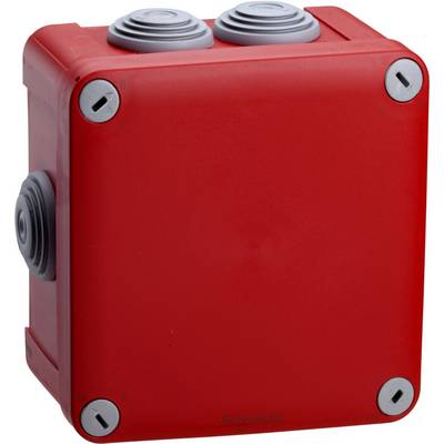 Red plastic enclosure with grey cable glands on the sides, suitable for electrical installations.