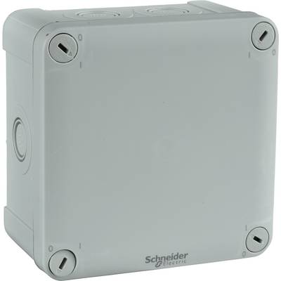 A grey junction box by Schneider Electric, showing a front view with four screws at the corners.