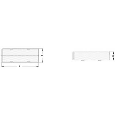 Technical drawing of a rectangular object with length and height specifications from two perspectives.
