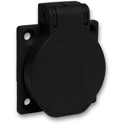 Black wall socket with hinged cover, square shape, IP54 standard, four mounting holes, suitable for damp environments.