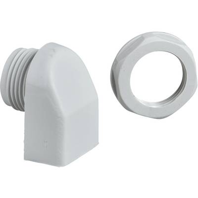 A grey plastic angle hose adapter with two different connections, suitable for pipe connections and water systems.