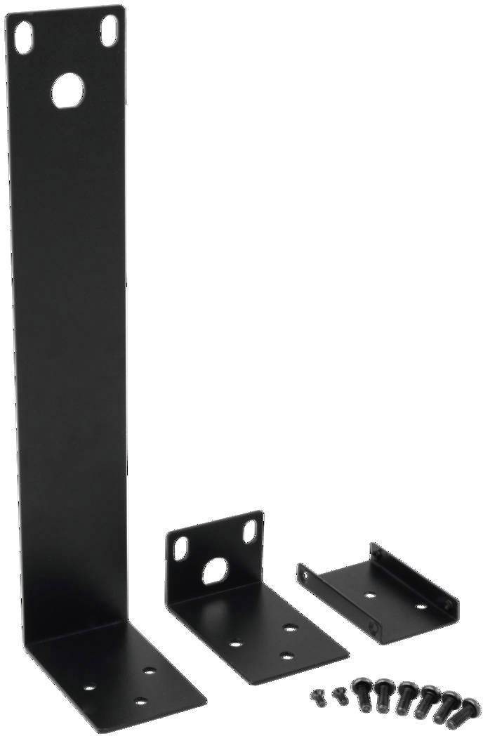 A set of three black metal brackets of varying sizes with matching screws, potentially intended for wall mounting.