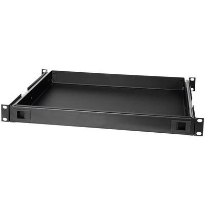 A black rack shelf for servers or network devices, rectangular and with mounting options on the sides.