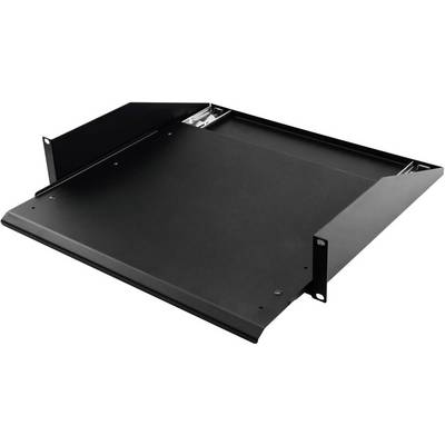 Black, flat shelf or tray for mounting, potentially in a cabinet or rack system. Suitable for electronic devices.