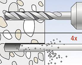 'Graphic shows a drill bit penetrating concrete with stone particles. Text '4x' indicates increased efficiency.'