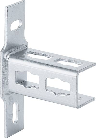 Metal angle bracket with holes and slots, suitable for mounting structures or devices to a wall or surface.