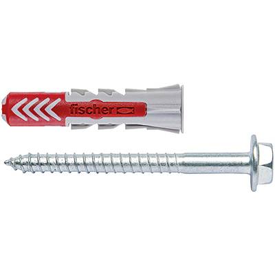 A grey wall plug and a silver screw are lying next to each other. The wall plug has red accents and the 'fischer' branding.