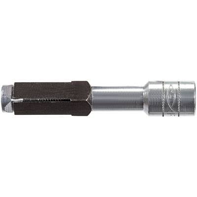 A silver tool component with a hexagonal end on the left, which is likely used for fastening or connecting materials.