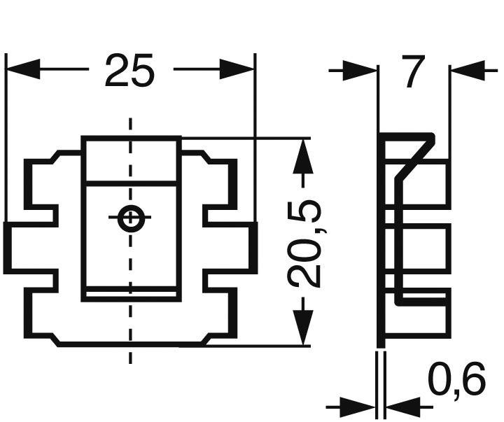 Technical drawing of a component with dimensions: width 25 mm, height 20.5 mm, lateral thickness 7 mm, base thickness 0.6 mm.