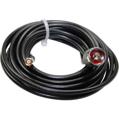 A long, black coaxial cable with a UHF and an SMA connector at the ends, coiled and held together by a cable tie.