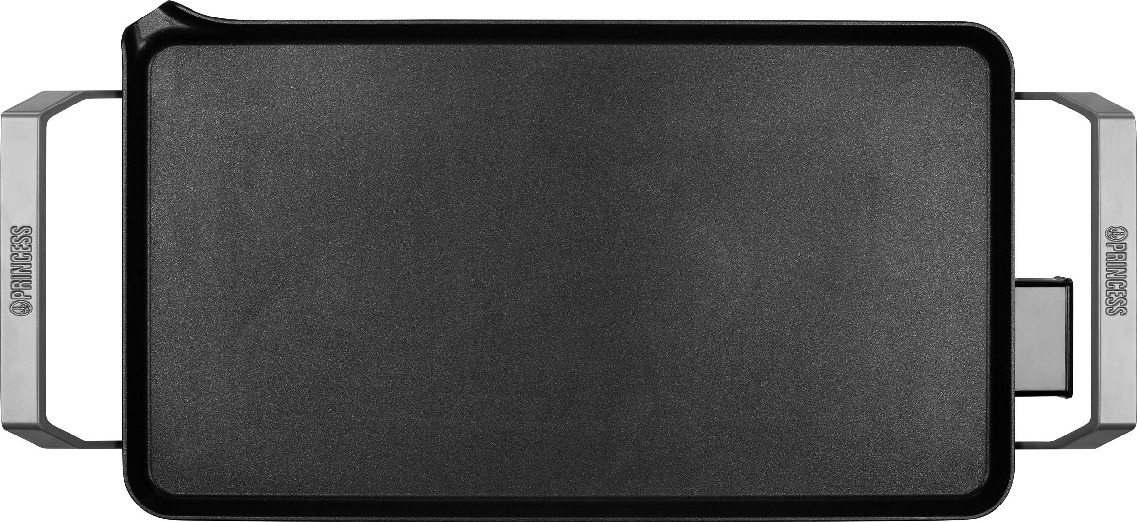 Rectangular black griddle plate with two side handles, suitable for use on a hob or outdoor barbecue.