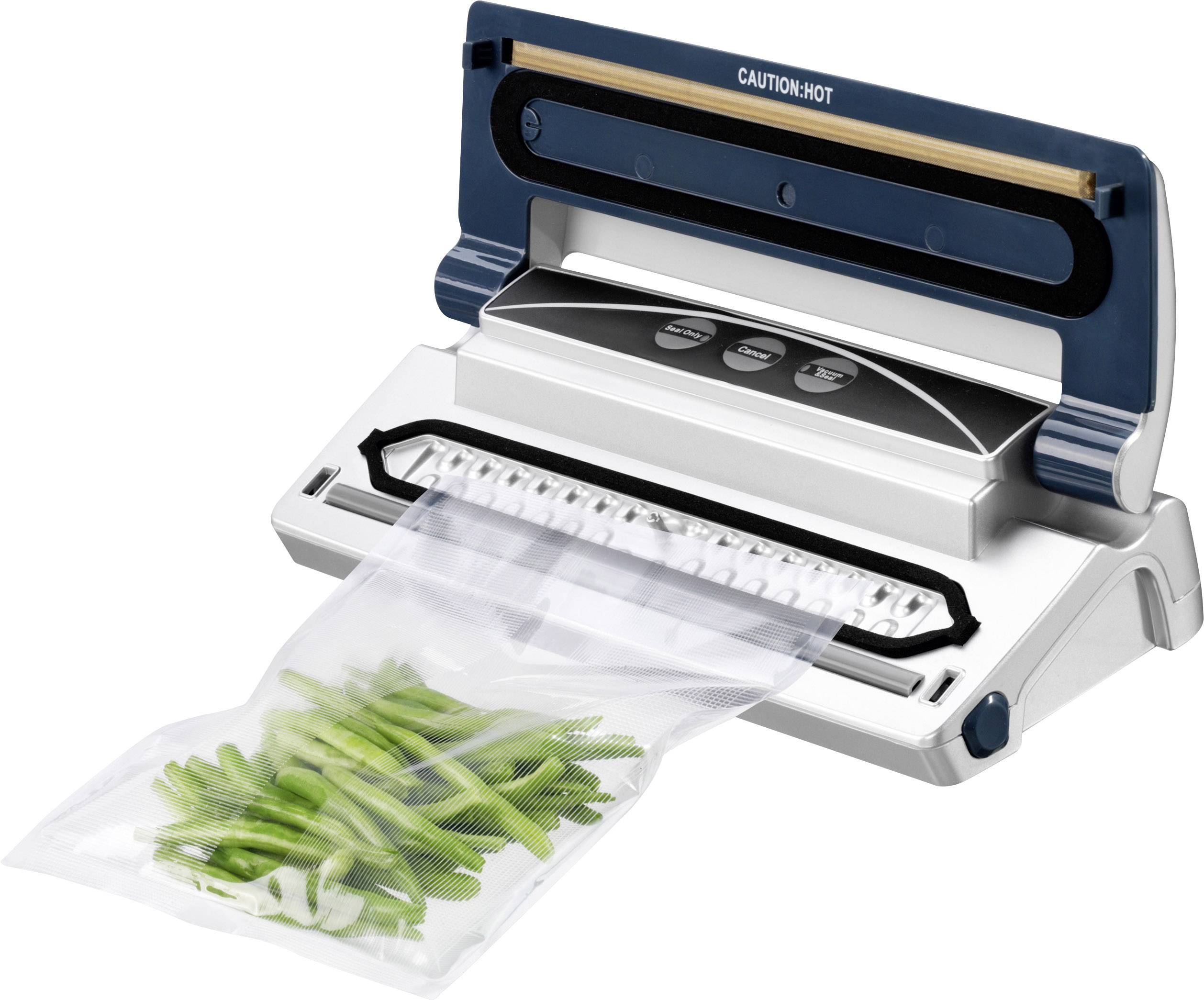 A vacuum sealer packaging green beans in a plastic bag. At the top it reads 'Caution: Hot'.