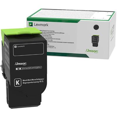 Lexmark toner cartridge and packaging, both designed in black and green. The box displays an image of the product.