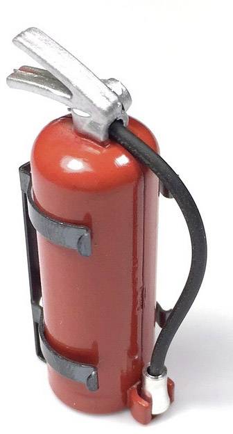 A red fire extinguisher with a black hose and silver handle, ready for fire safety use.
