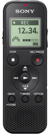 A black digital audio recorder with a screen displays a recording time of 12 minutes and 34 seconds.