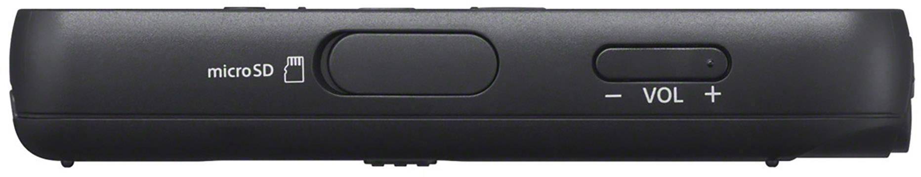 Black device top surface with microSD card slot, square compartment, and volume control with minus and plus symbols.