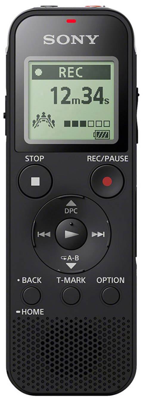 Digital dictation device with display, showing 'REC' and recording duration of 12 Min. and 34 Sec. Buttons for playback and pause.