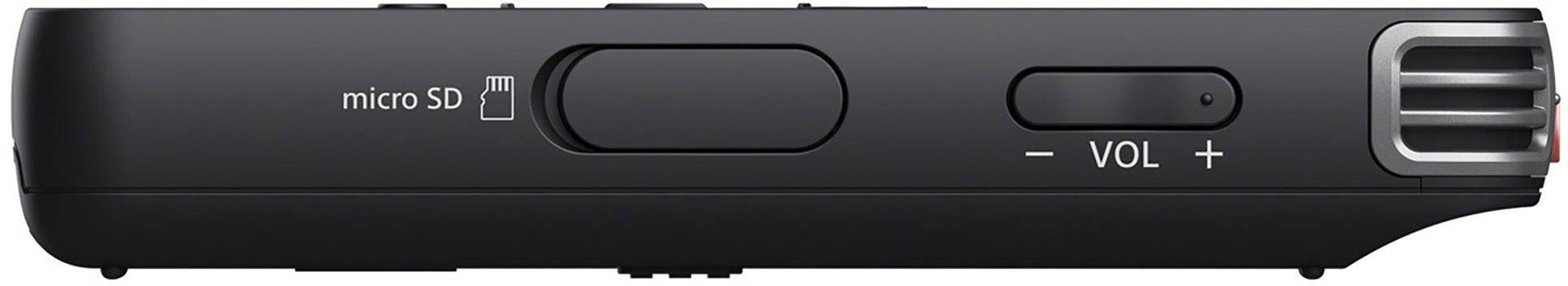 Dictaphone with micro SD card slot and volume control.