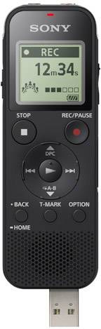 A black digital audio recorder from Sony with a screen shows a recording of 12 minutes and 34 seconds.