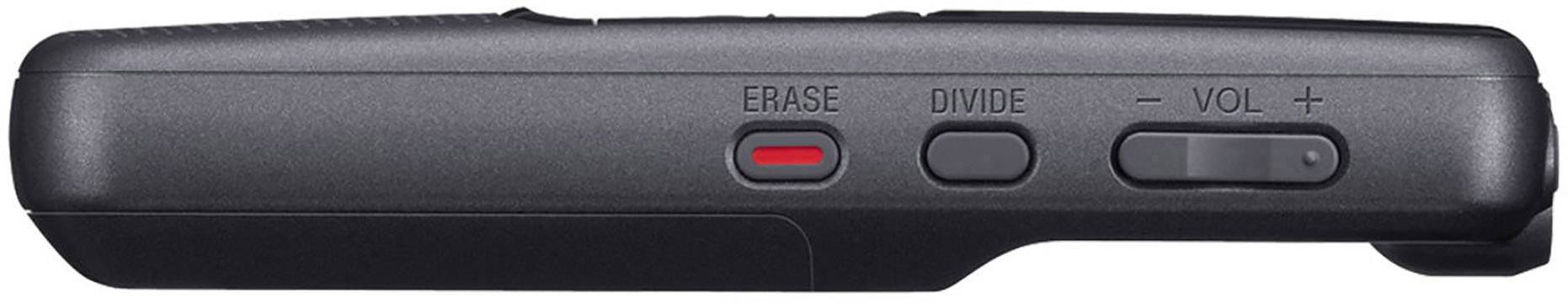 'Side view of a black audio device with buttons for deleting and sharing, volume control, and a red button.'