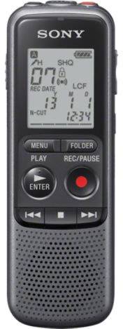A digital dictaphone with a screen displays recording information. Buttons for menu, play/pause, and folders are visible.