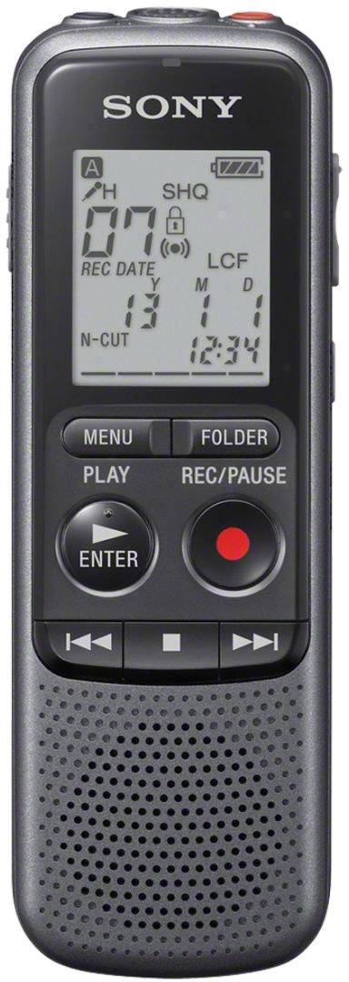Portable digital audio recorder by Sony, with a display and buttons for playback, recording, and menu navigation.