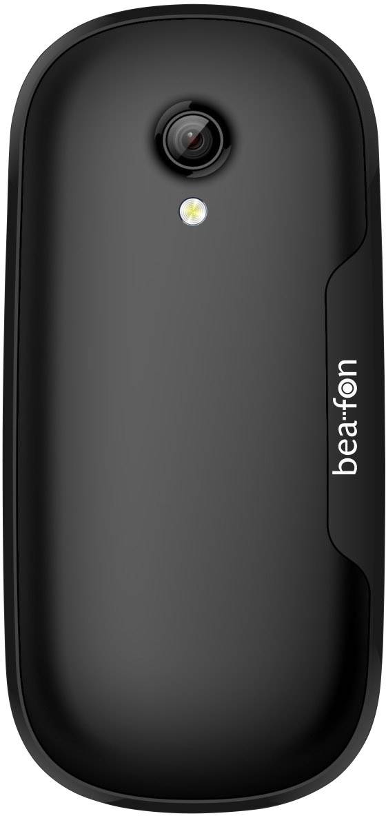Rear view of a black mobile phone with camera and LED flash, brand name 'beafon' on the right side.