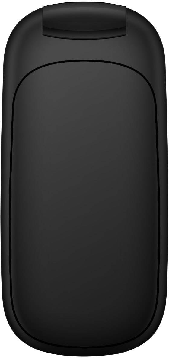 A black, oval, compact object with a sliding mechanism on the top.