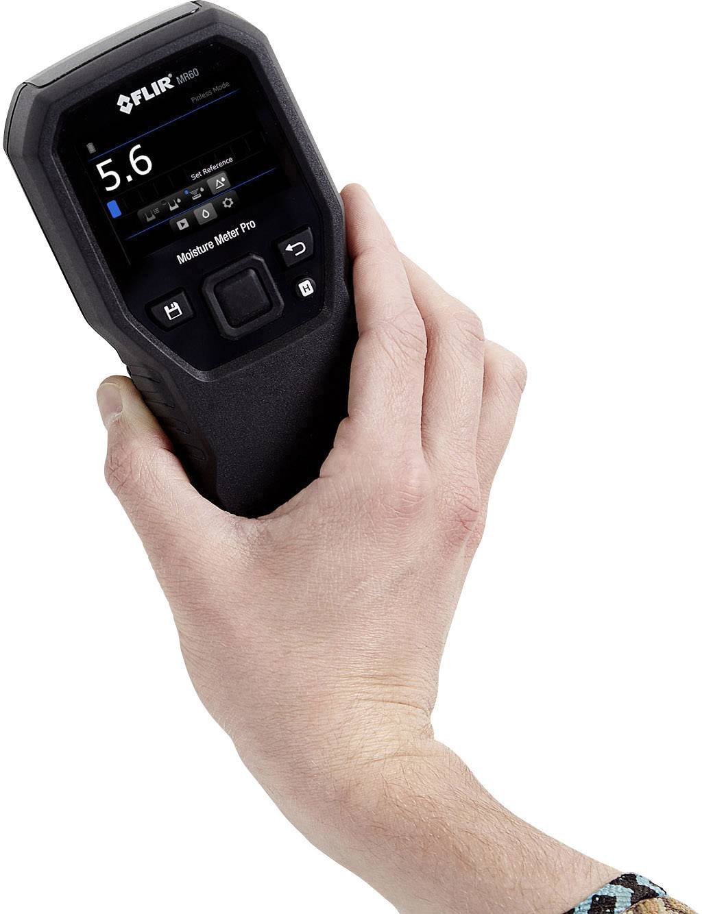A hand is holding a moisture meter displaying a reading of 5.6. The device provides precise measurement for construction applications.