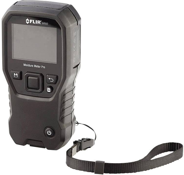 Digital moisture meter with a small display and control buttons. Includes a carrying strap at the bottom end.