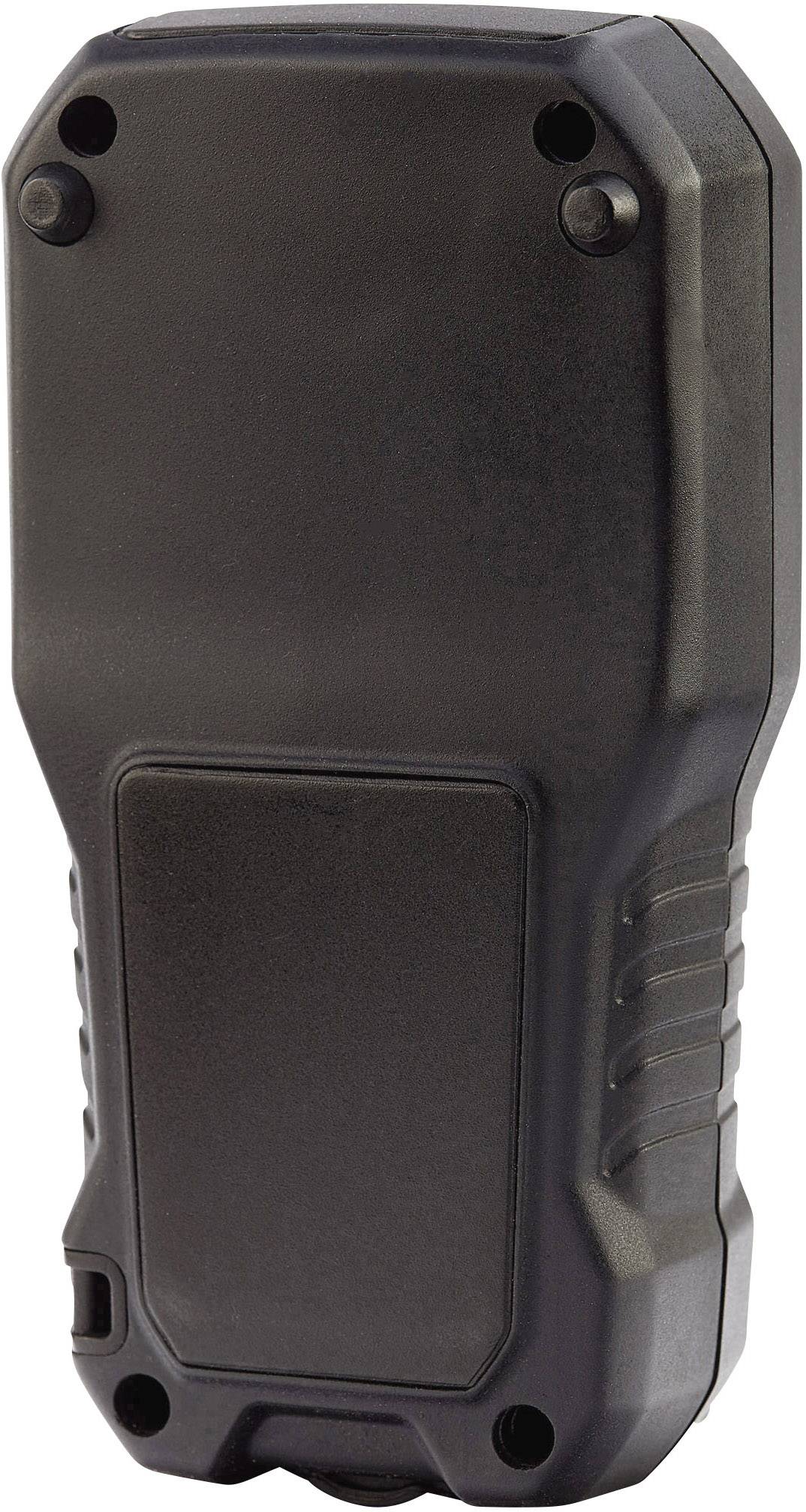 Black, rectangular electronic device with curved edges and screws at the corners; rear view with textured handle.