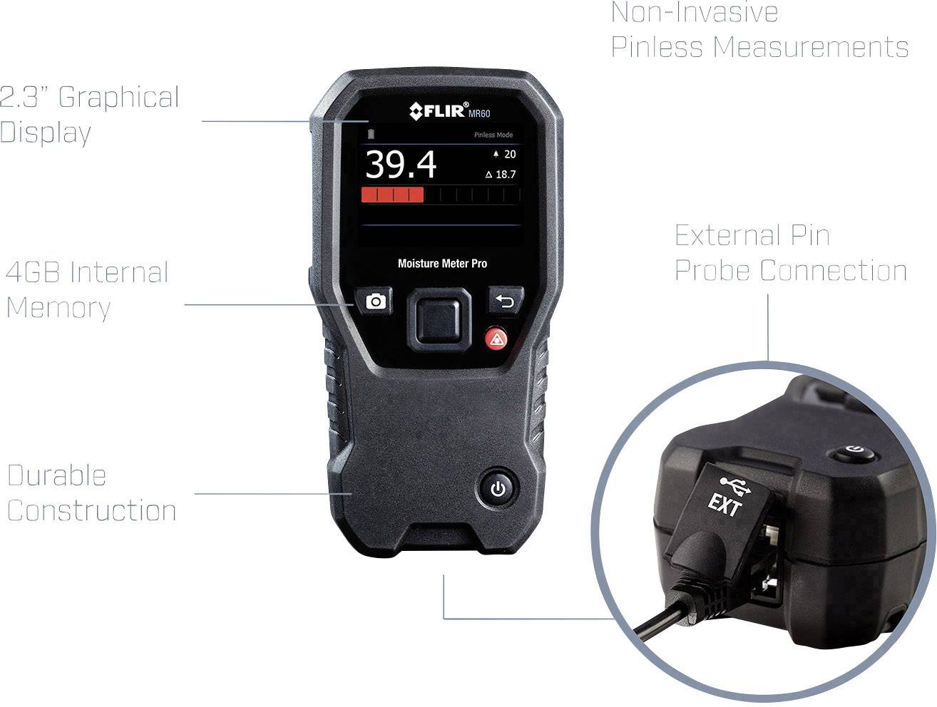 A moisture measuring device with a graphic display shows '39.4'. It has 4GB of internal memory, robust construction, and a connection for an external probe.