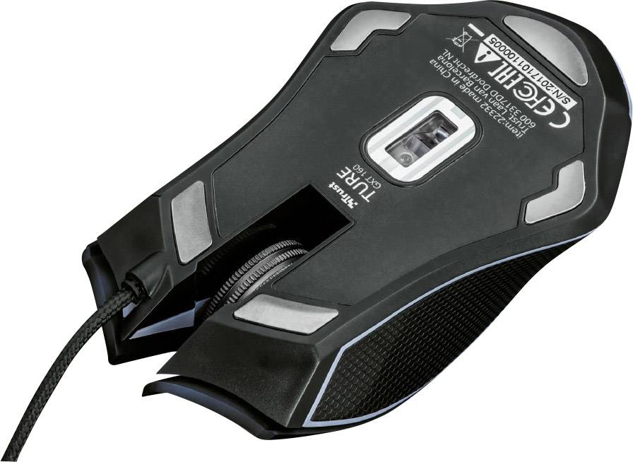 Black computer mouse viewed from underneath, with visible sensor and cable.