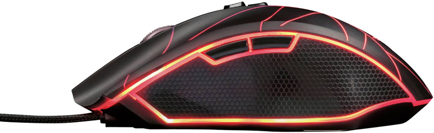 Computer mouse with illuminated red lines, ergonomic design, side buttons, on a black background.