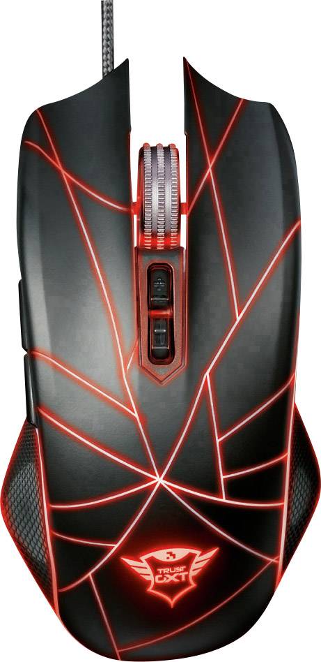 Black gaming mouse with red LED light lines, textured surface and wired connection, suitable for professional players.