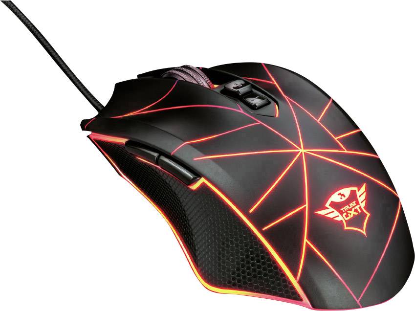 A black gaming mouse with red LED lighting and two buttons on the top surface. A cable is connected to the mouse.