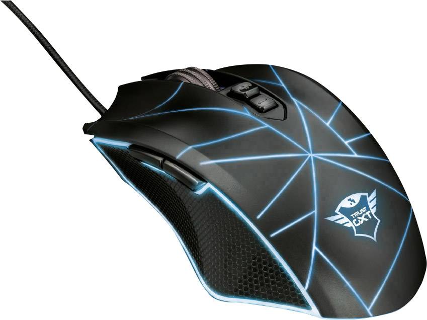 Black gaming mouse with blue LED lights and multiple buttons, connected via cable.