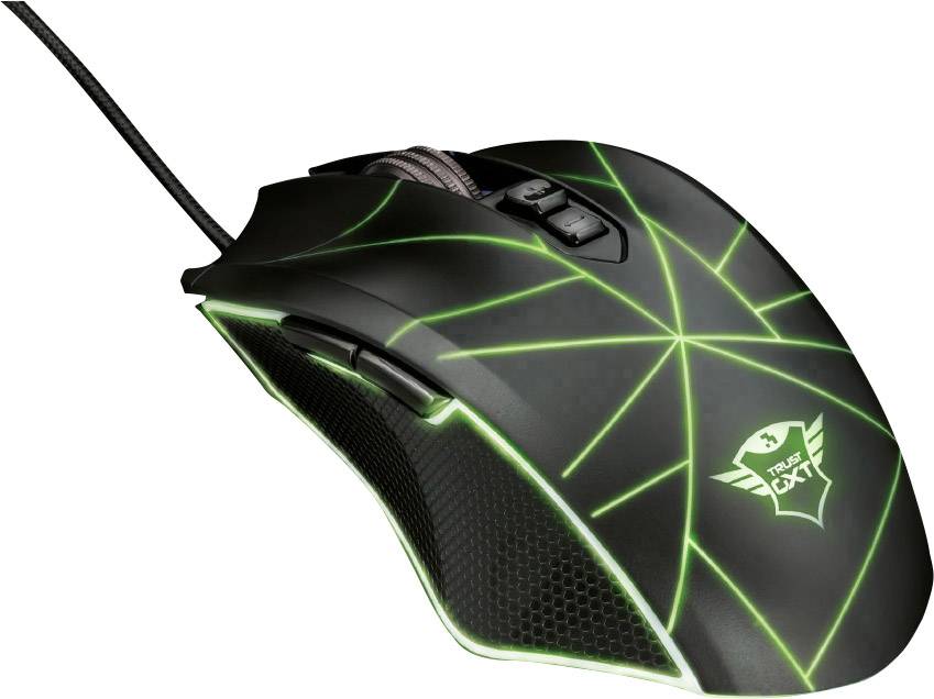 Black gaming mouse with green LED lighting and two buttons beside the scroll wheel. 'TRUST GXT' logo and text visible.