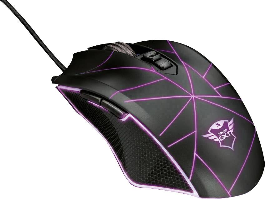 Black gaming mouse with purple geometric pattern and illumination. Two main buttons, a scrollable wheel and side thumb buttons.