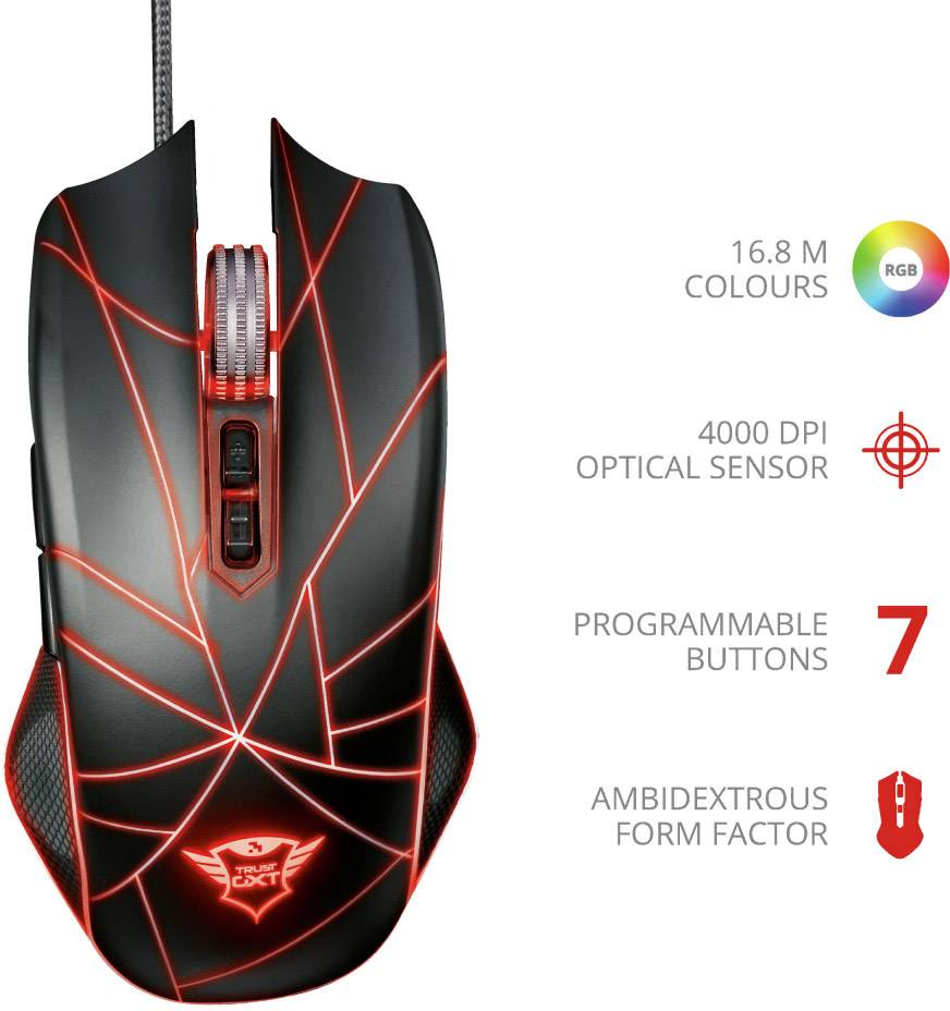Black gaming mouse with red accents and spider web pattern. Features: 16.8 million colours, 4000 DPI sensor, 7 programmable buttons, ambidextrous design.